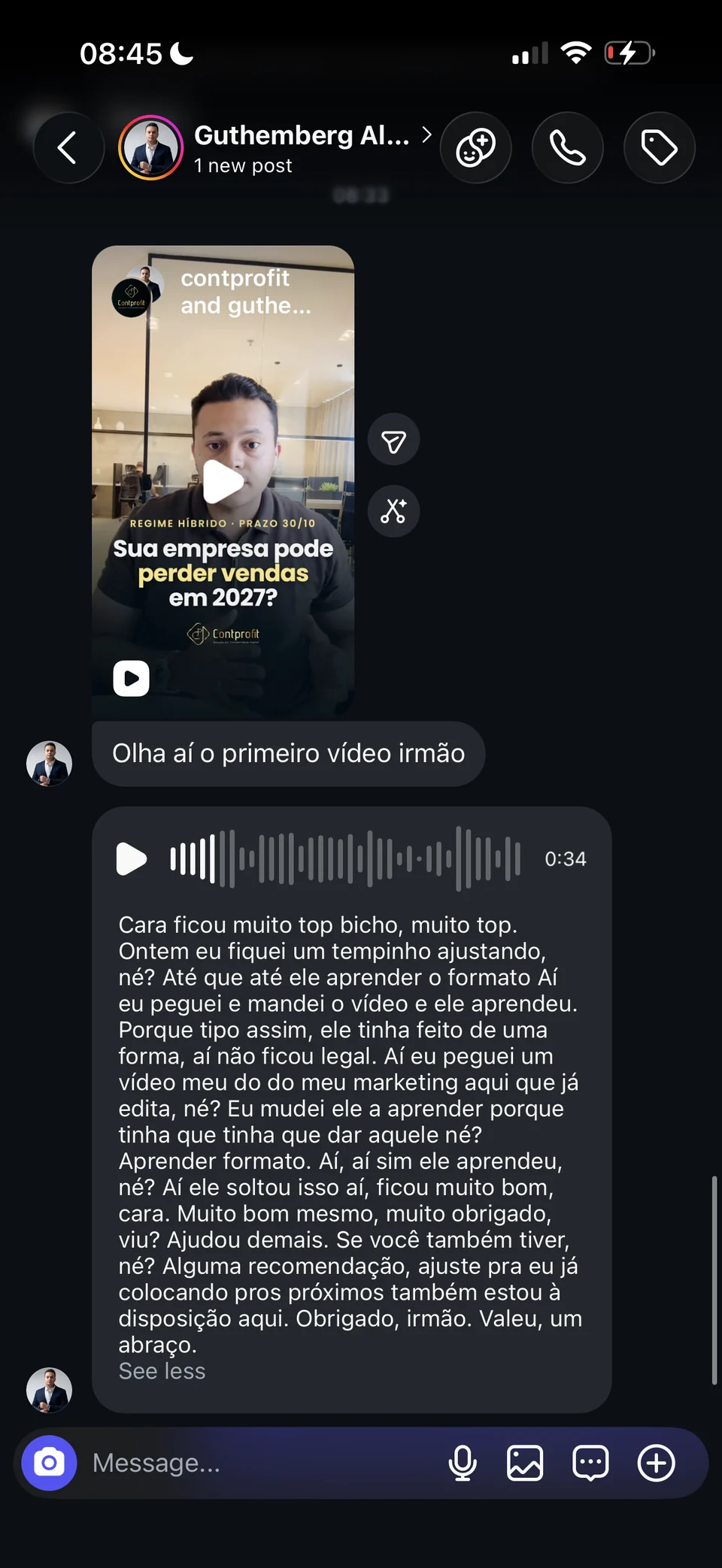 Print da conversa: contador compartilha seu primeiro vídeo editado com IA e diz que ensinou o formato ao agente e que o resultado ajudou demais.